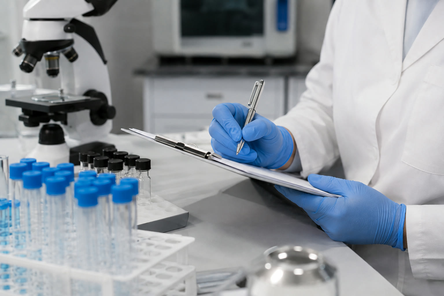 Analista da Hanaoka documentando resultados de análise ao lado de microscópio e amostras no laboratório